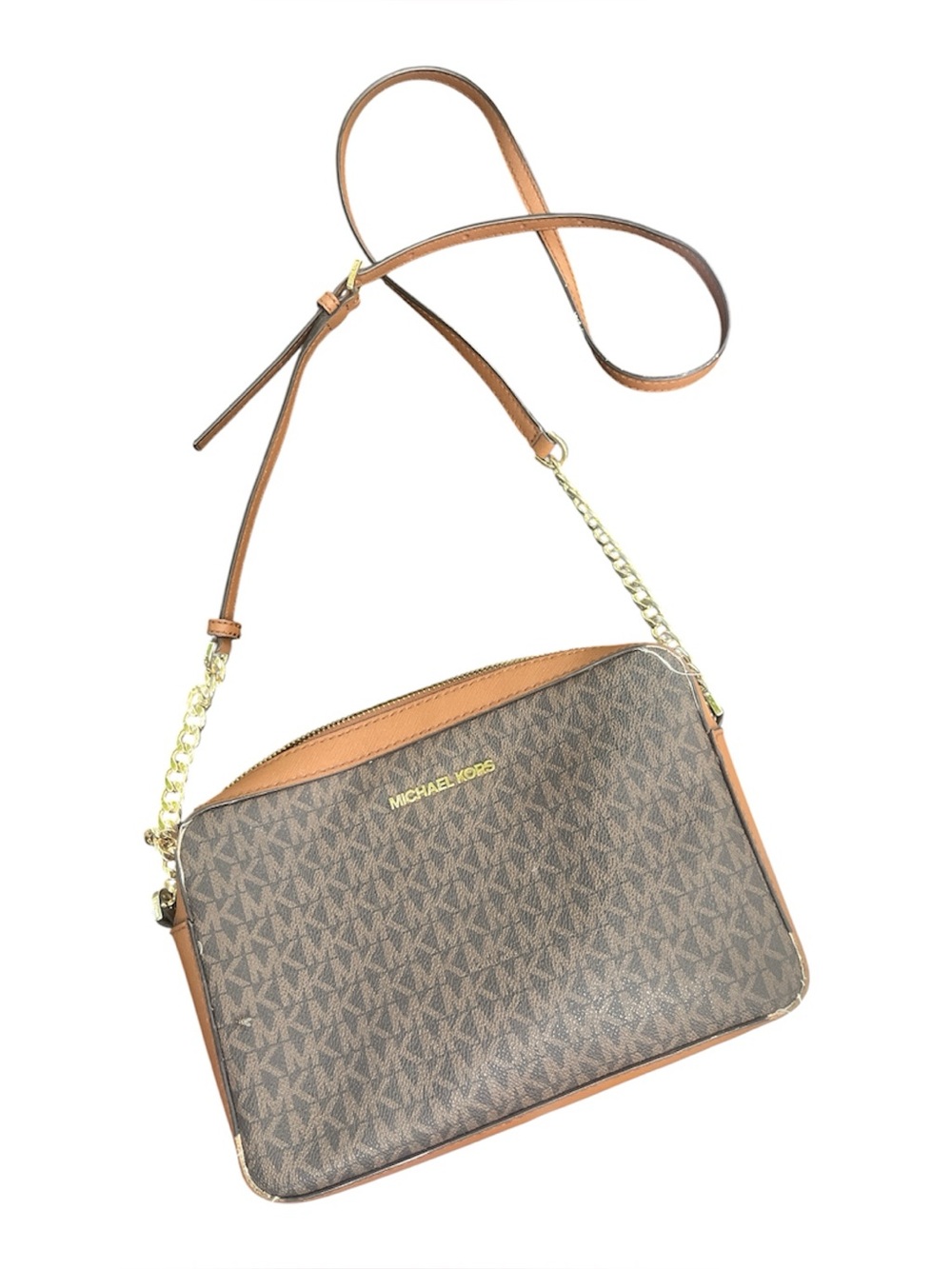 Michael Kors Jet Set Large Printed Signature Logo Crossbody Bag Brown